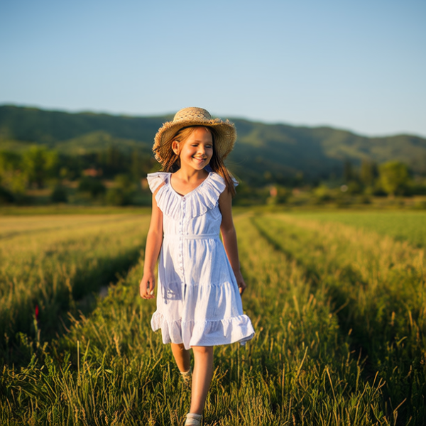 一个农家女孩在田野中穿着连衣裙，迎着太阳向远处走去