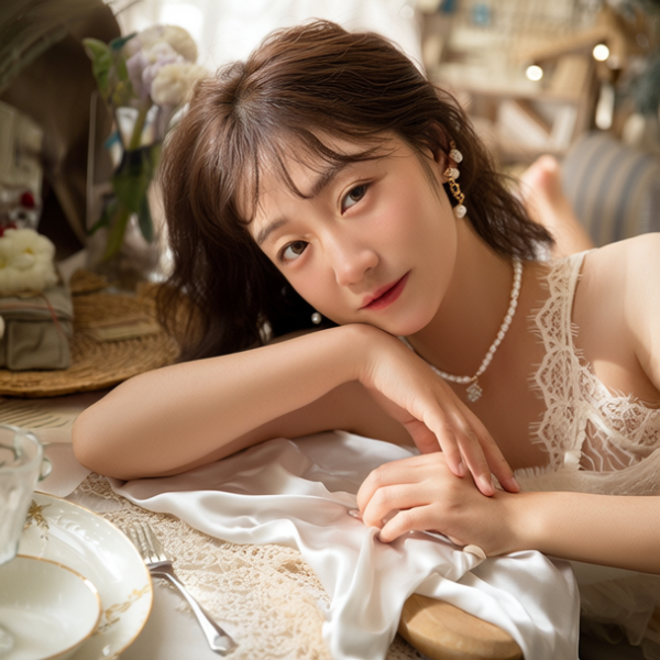 生活瞬间，美女，躺着，丝绸，生活小调，家庭餐桌，4K超清，写实风格，温馨，柔和室内光，细腻皮肤，项链，耳环，蕾丝。